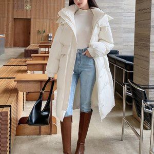 White Casual Womens Zip Up Snap Button Hooded Puffer Thick Coat